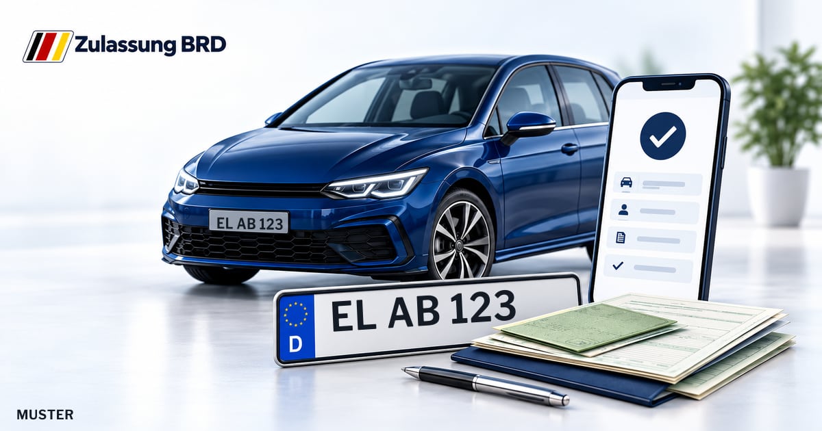 Online Fahrzeugzulassung in Lingen: Musterkennzeichen EL AB 123, Auto und Fahrzeugpapiere und Smartphone. Illustration mit Logo von Zulassung BRD.